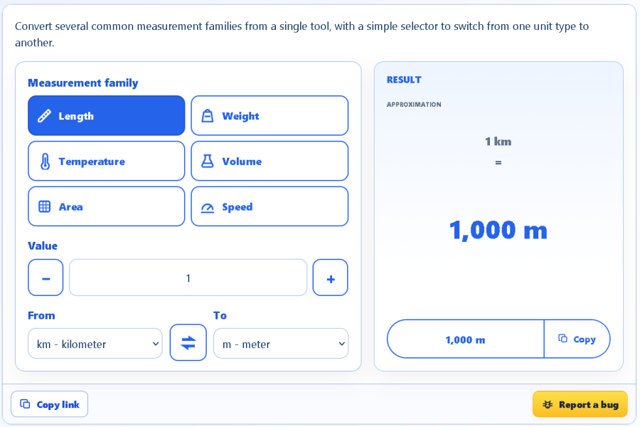 AppErgo unit converter set to convert 1 km to 1,000 m