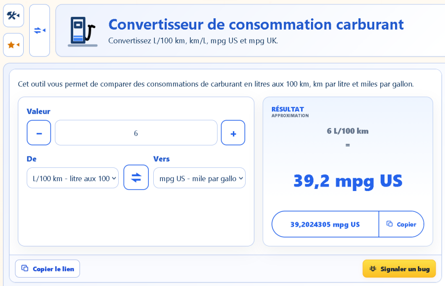 Convertisseur de consommation AppErgo affichant 6 L/100 km équivalant à 39,2 mpg US