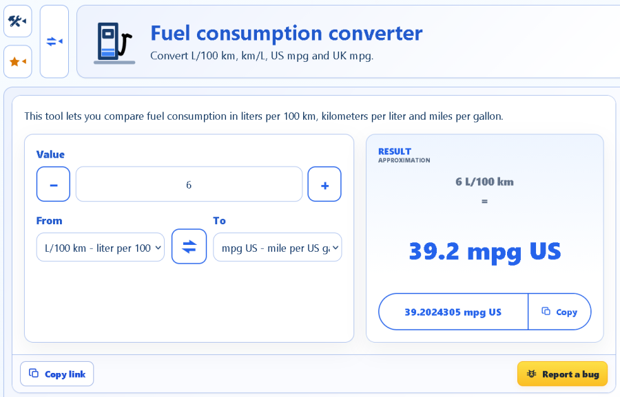 AppErgo fuel consumption converter showing 6 L/100 km as 39.2 mpg US