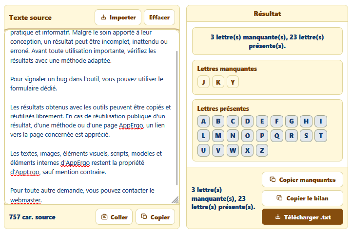Outil AppErgo de lettres manquantes indiquant 3 lettres absentes et 23 lettres présentes dans un texte en français