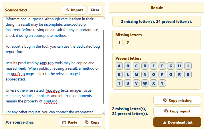 AppErgo missing letters tool showing 2 absent letters and 24 present letters in an English text