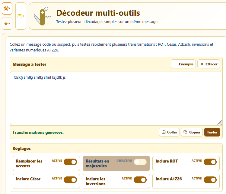 Décodeur multi-outils AppErgo avec un message à tester et des options pour ROT, César, inversions et A1Z26