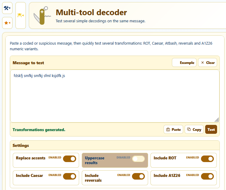 AppErgo multi-tool decoder with a test message and options for ROT, Caesar, reversals and A1Z26