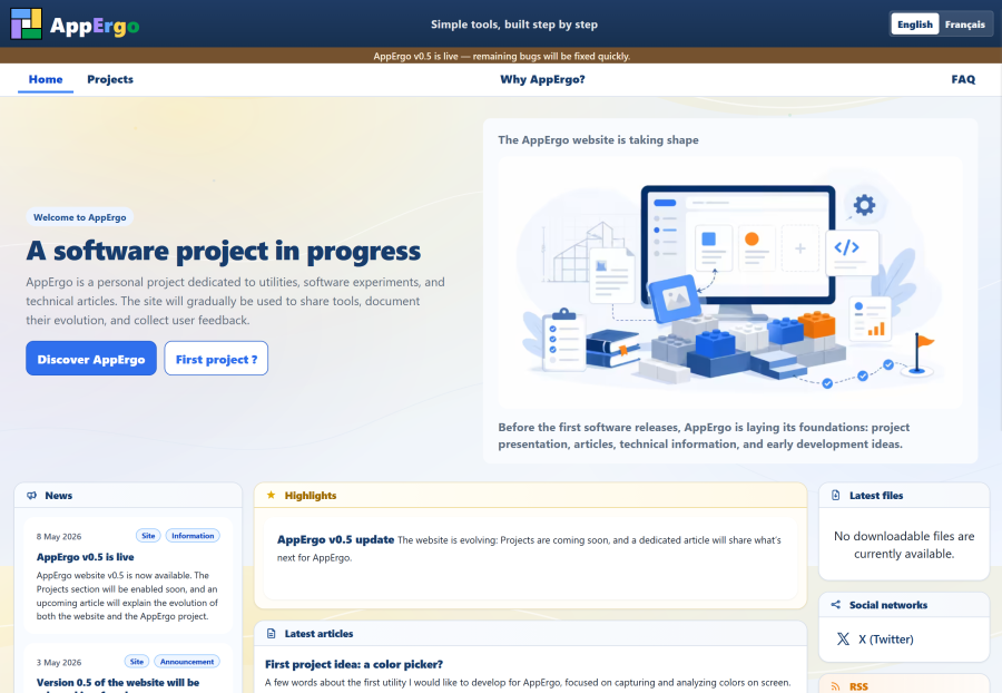 AppErgo homepage in version v0.5 (French).