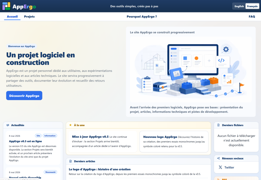 Page d’accueil AppErgo en version v0.5 (français).
