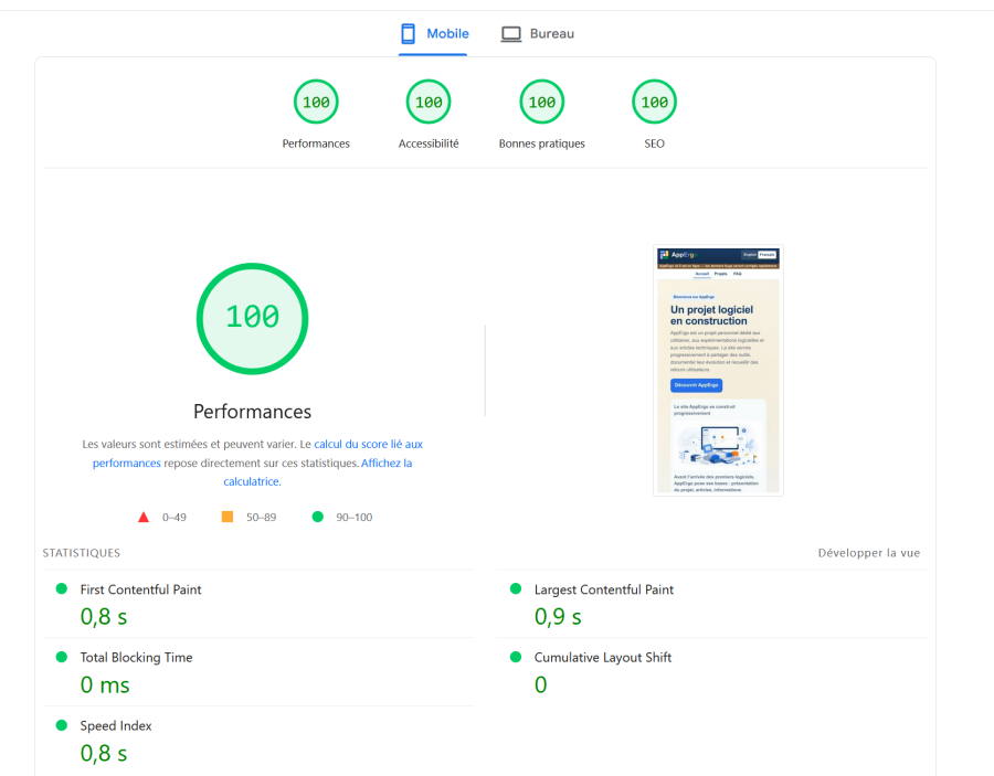 Résultats Google Lighthouse en anglais avec un score de 100 sur tous les critères.