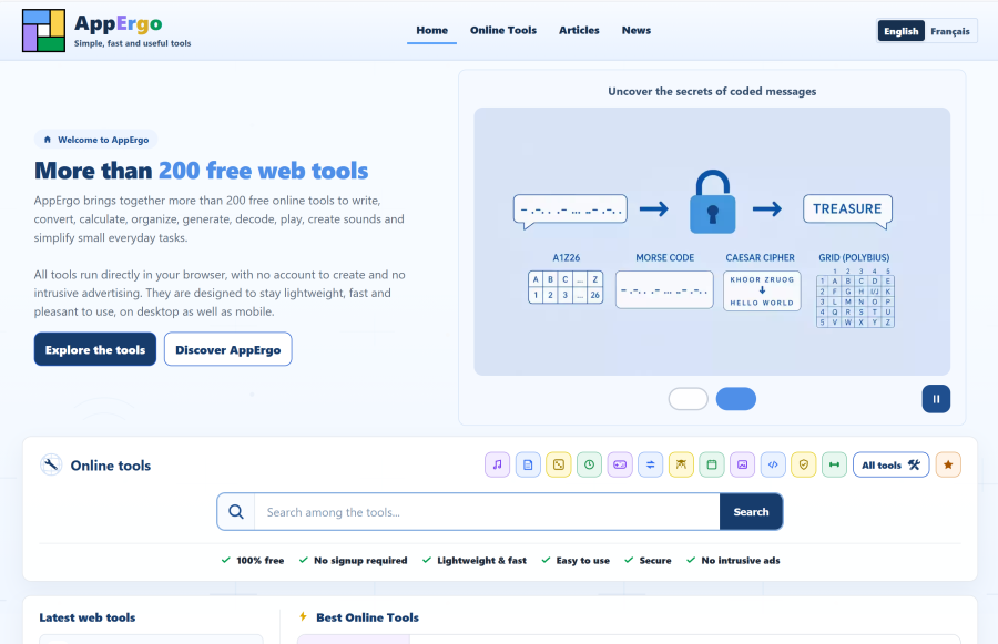 AppErgo English homepage in version 0.9.1