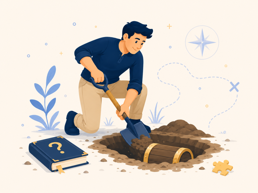 Treasure hunter digging beside a partly uncovered wooden chest