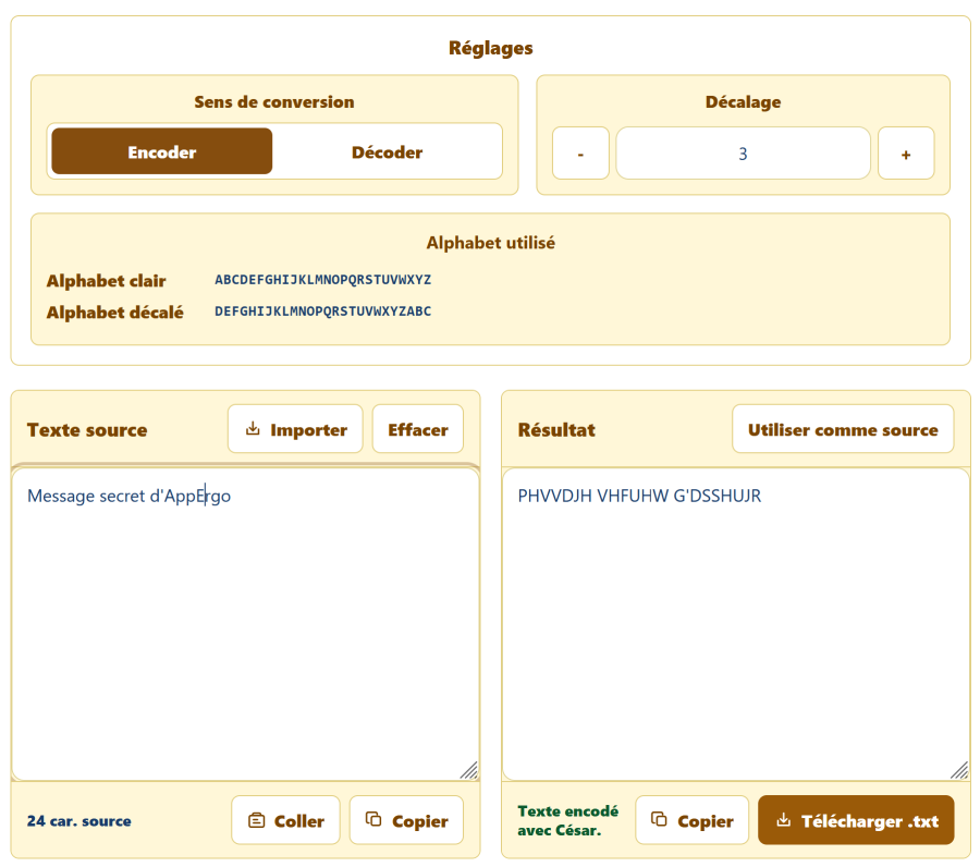 Outil de chiffrement César AppErgo encodant “Message secret d'AppErgo” avec un décalage de 3