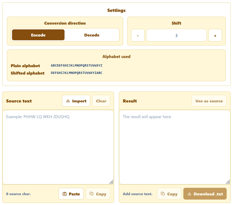 AppErgo Caesar cipher tool set to encode text with a shift of 3, showing the plain and shifted alphabets