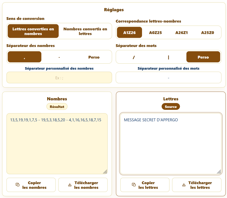 Convertisseur A1Z26 AppErgo encodant le message “MESSAGE SECRET D'APPERGO” sous forme de nombres