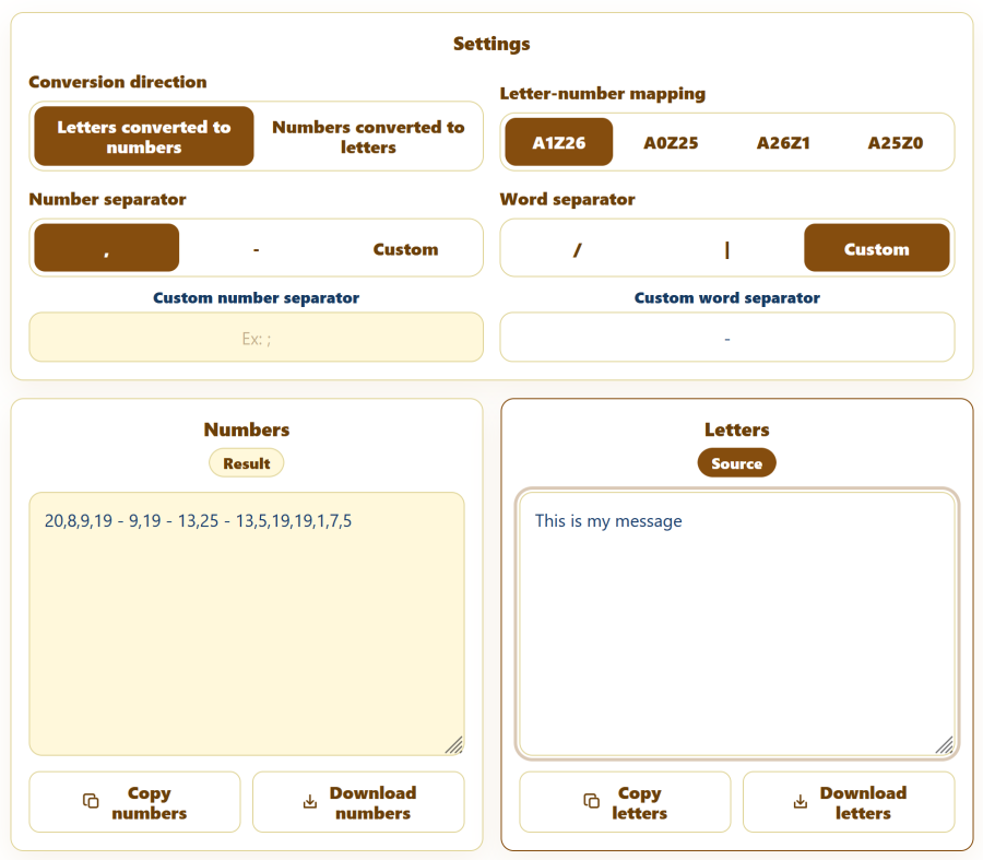 AppErgo A1Z26 converter encoding the message “This is my message” as a sequence of alphabet numbers
