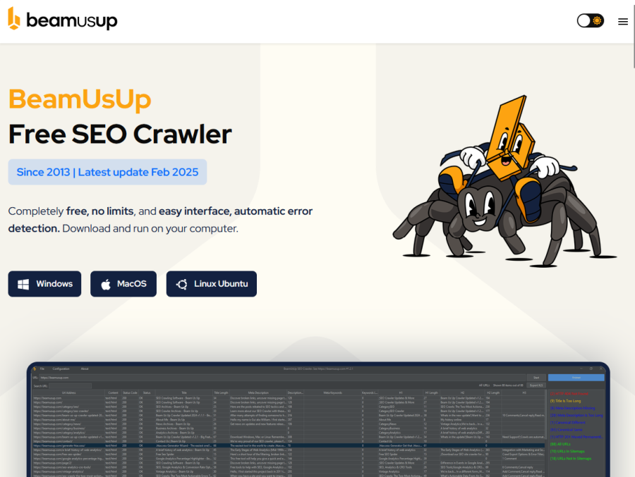 Beam Us Up SEO crawler interface