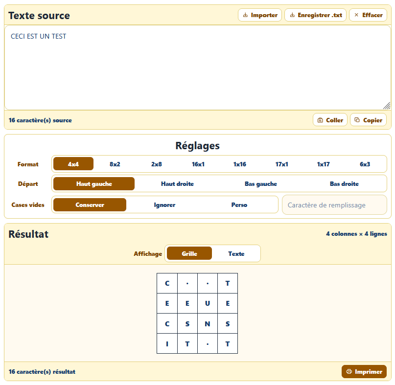 Outil AppErgo répartissant le texte « CECI EST UN TEST » dans une grille 4 par 4 avec affichage en mode grille