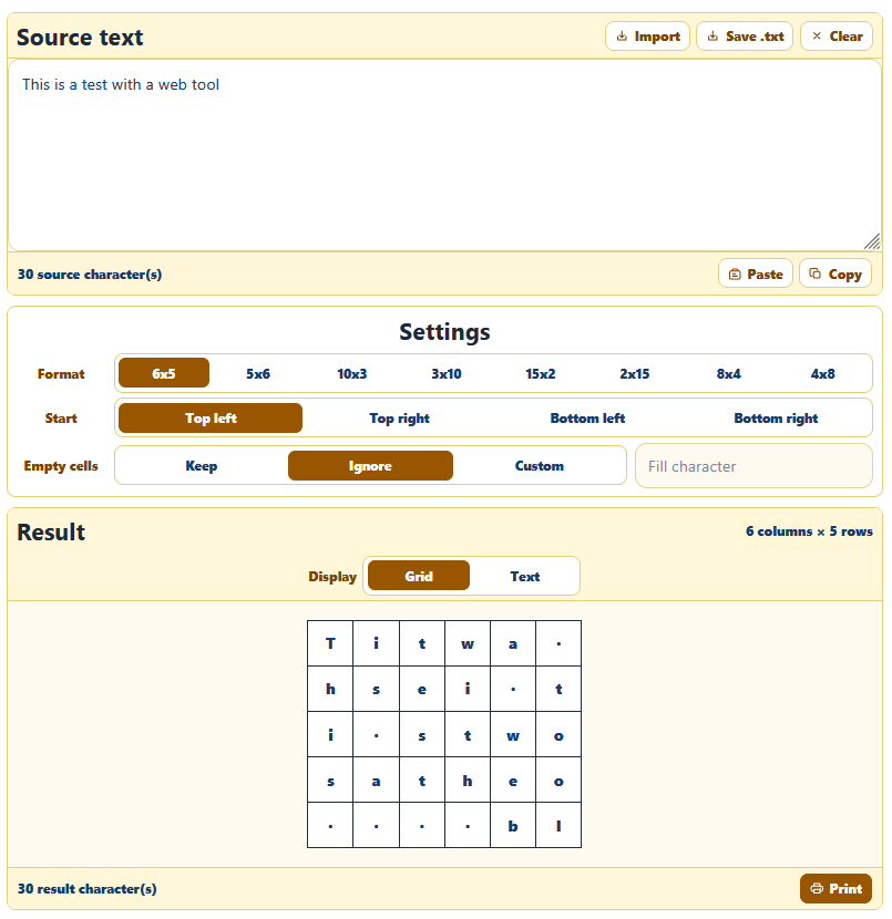 AppErgo tool arranging the text “This is a test with a web tool” in a 6 by 5 grid with empty cells ignored