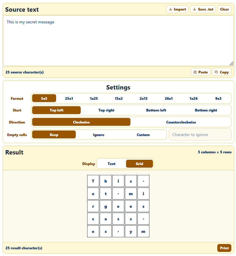 AppErgo spiral reading tool displaying the text “This is my secret message” in a 5 by 5 grid with clockwise direction