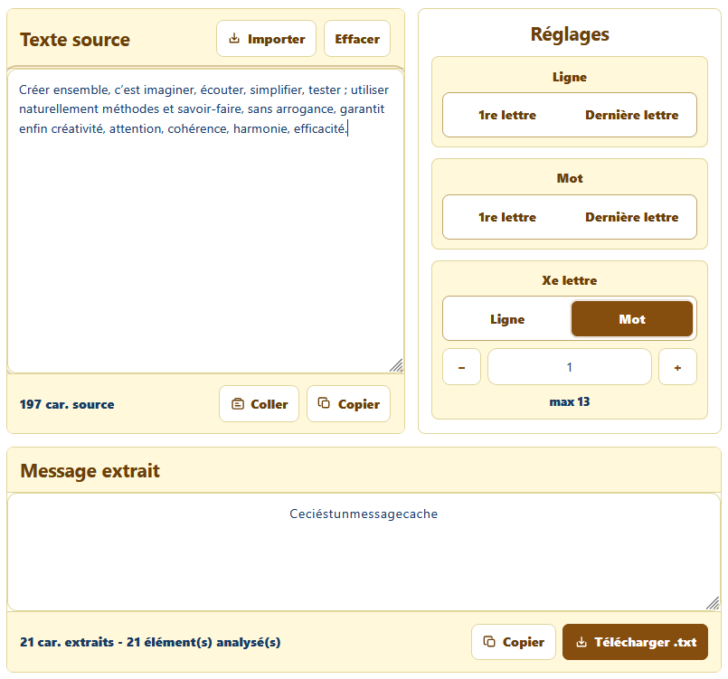 Outil AppErgo extrayant un message caché à partir de la première lettre de chaque mot d’un texte en français