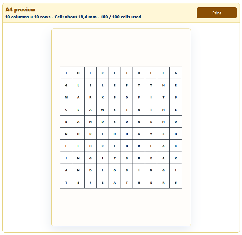 AppErgo preview of a printable A4 grid with 10 columns and 10 rows filled with letters